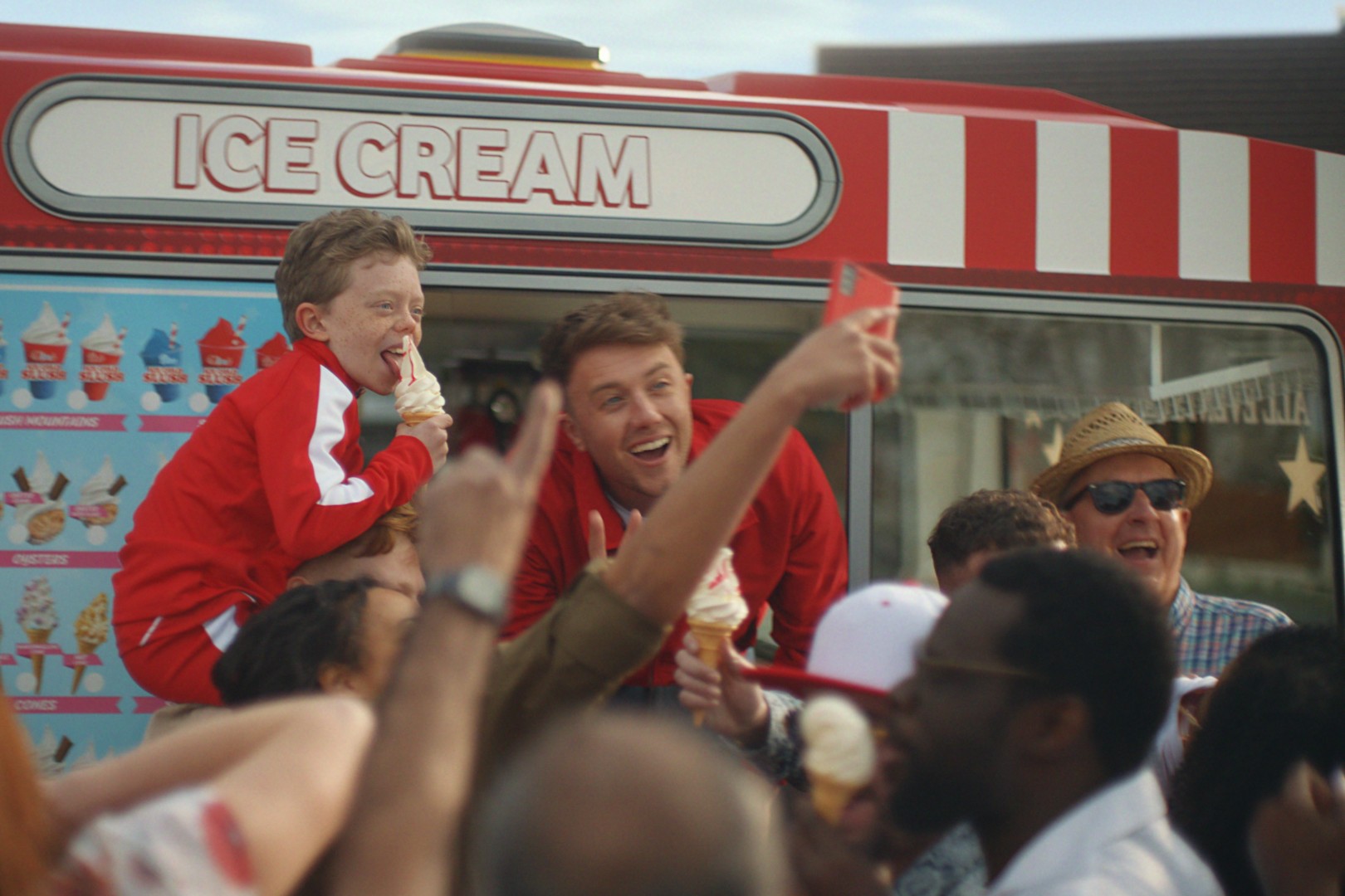 Roman Kemp and public by ice cream van, as part of Vodafone's 'The Nation's Network' campaign