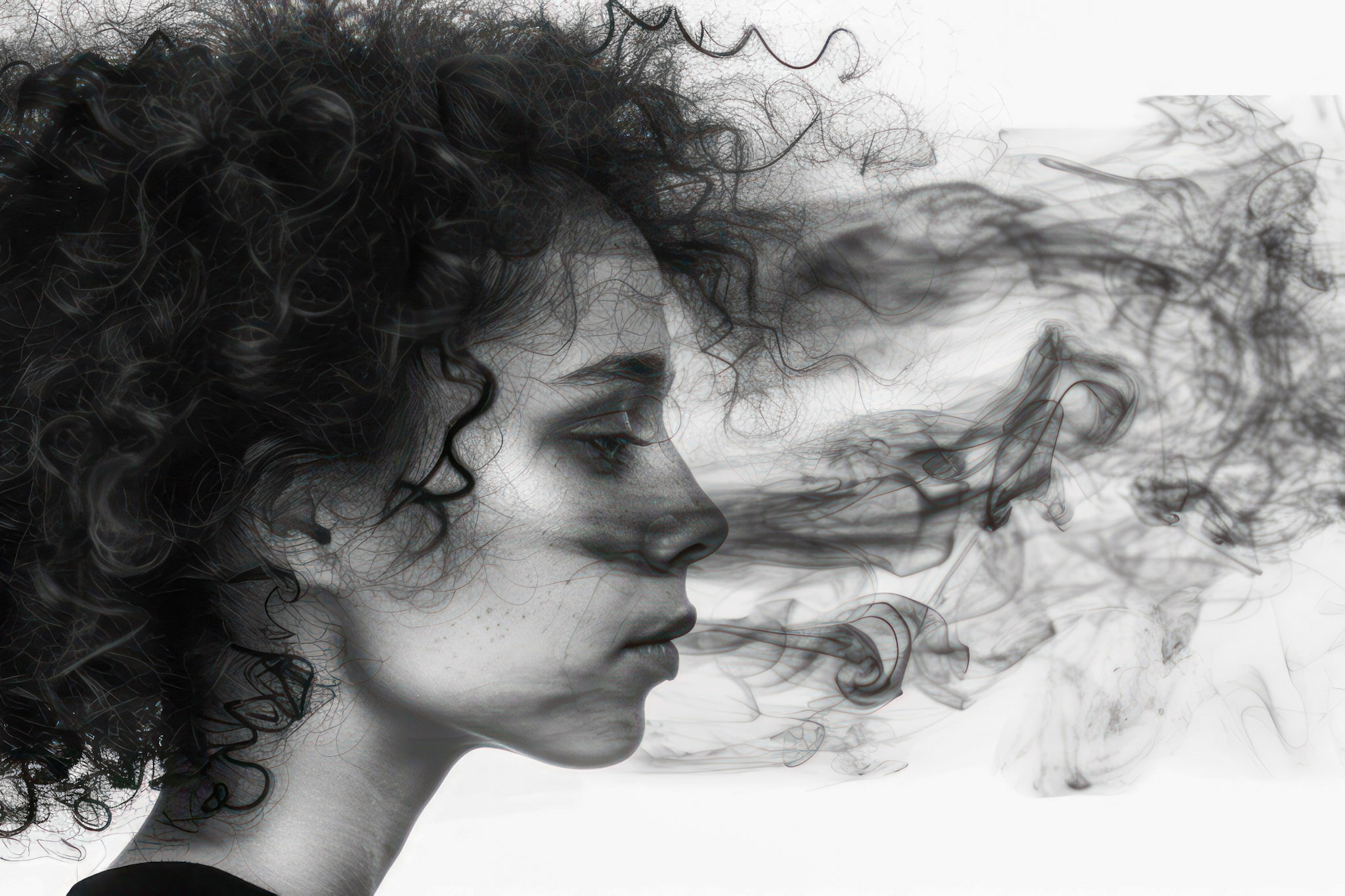 an AI-generated stock image of a girl's face partially covered in smoke