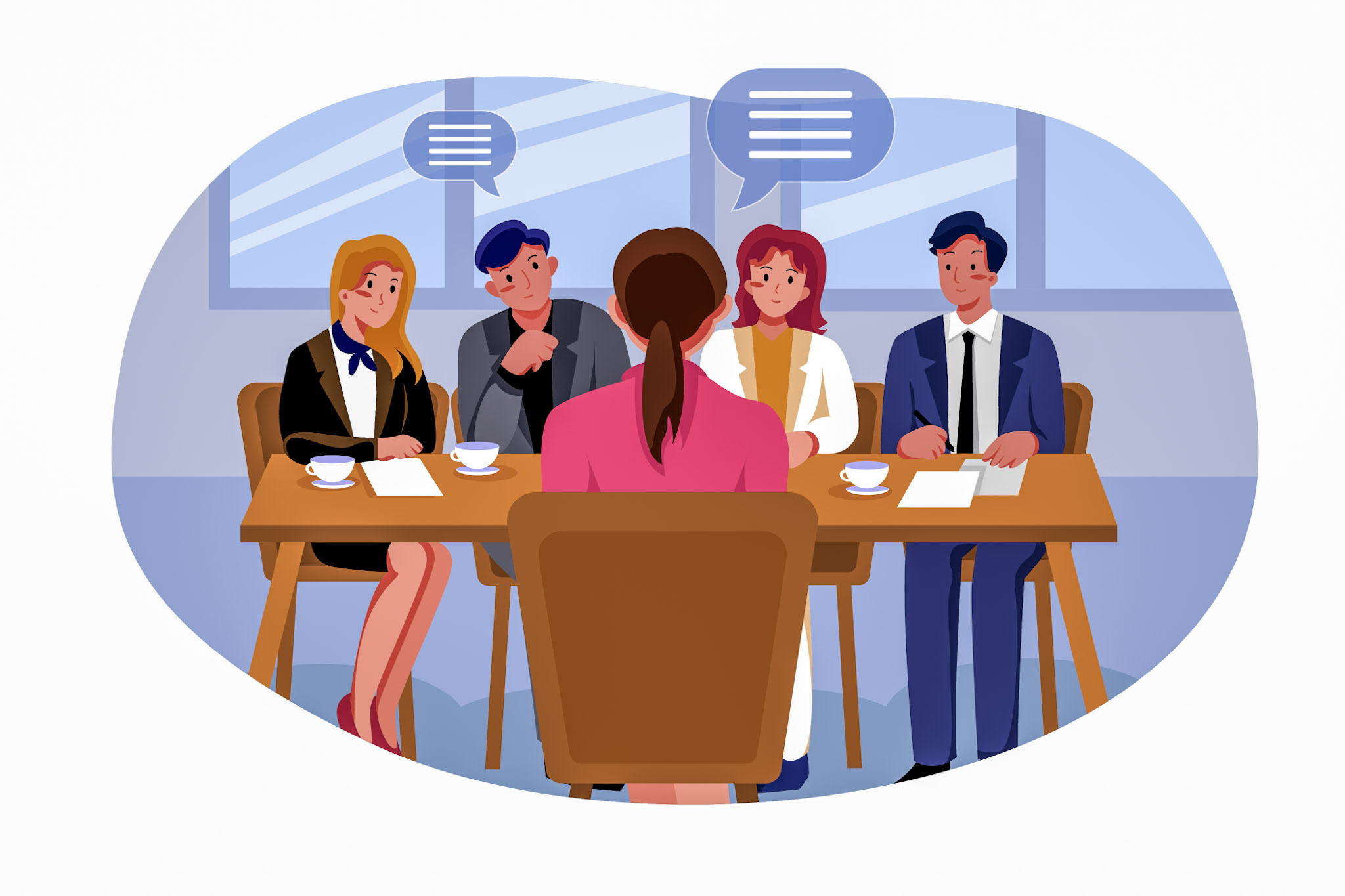 stock cartoon illustration of a woman during a job interview in front of four members of management