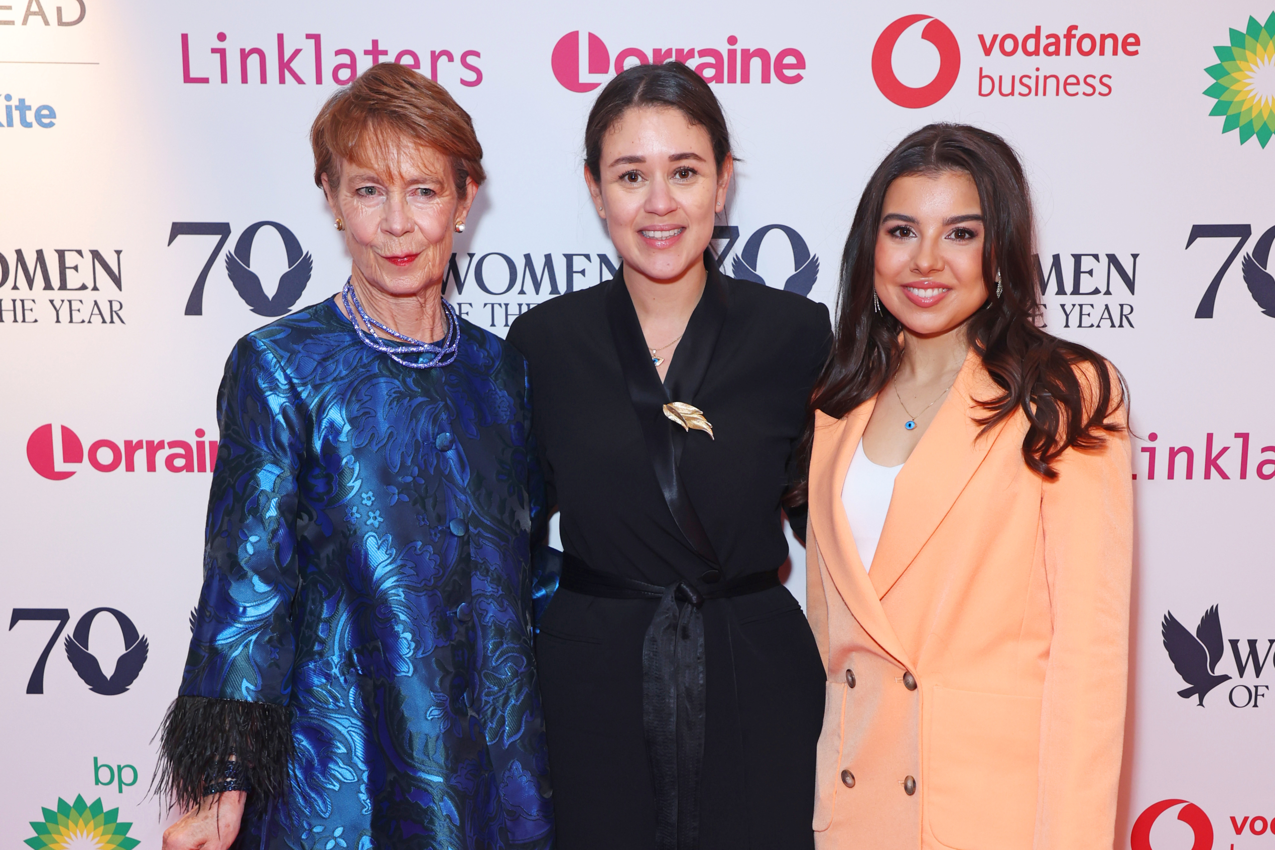 Celia Imrie, Miryem Salah and Beren Kayalı (L to R), winner of the Vodafone Business Women of the Year Innovation Award, attend the Women of the Year Lunch and Awards at Royal Lancaster Hotel on October 7, 2024 in London, England.