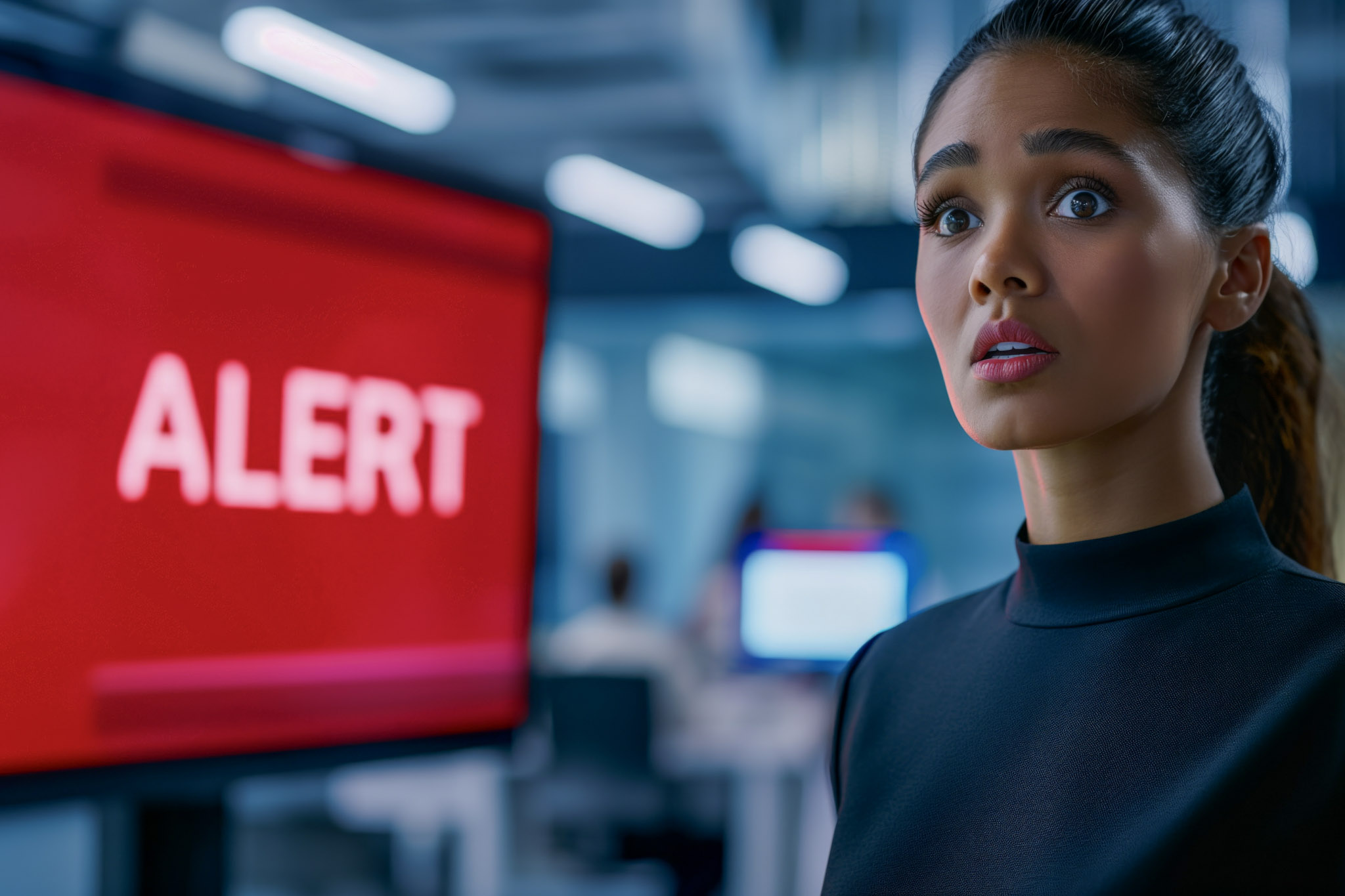 an AI-generated stock image of a young office worker, standing in an office, startled by a red alert screen on a monitor